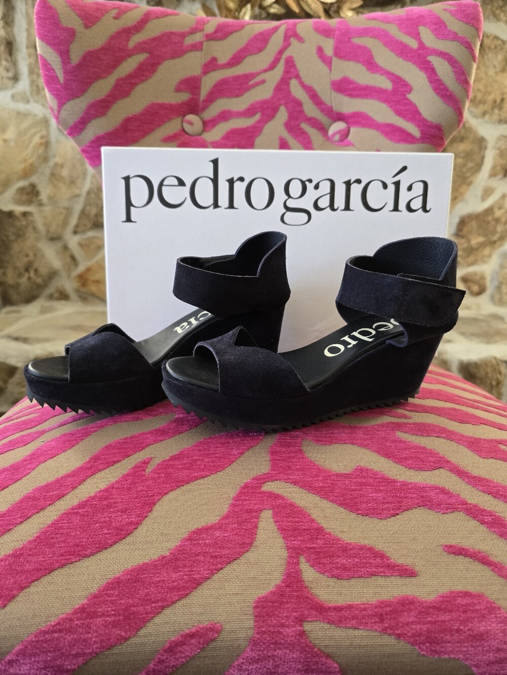 Pedro Garcia, Fidelma Wedge Sandal, 38.5, Navy Castoro, EUC